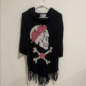 Wildfox Black Fringe Hoodie with Skull and Roses